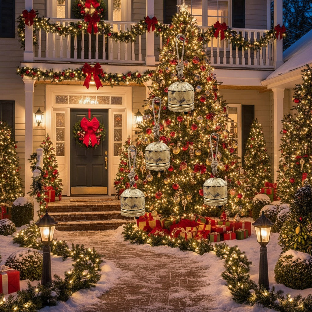 4PCS Christmas Bells Hanging Ornaments – Festive Iron Tree Decorations (5.5x5.5x7.5in)