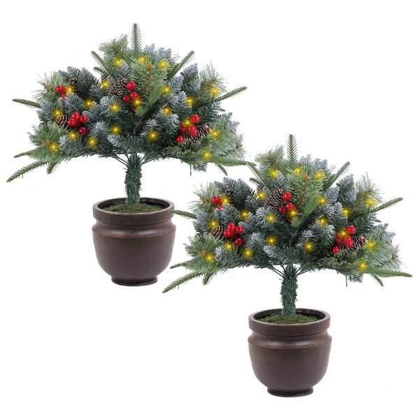 2Pcs Christmas Tree Urn Filler With Light Artificial Lighted Xmas Trees Light With Cones Berries Holiday Planter Filler LED Pathway Pine Tree IP44 Waterproof With Tripod Stake 50 Beads