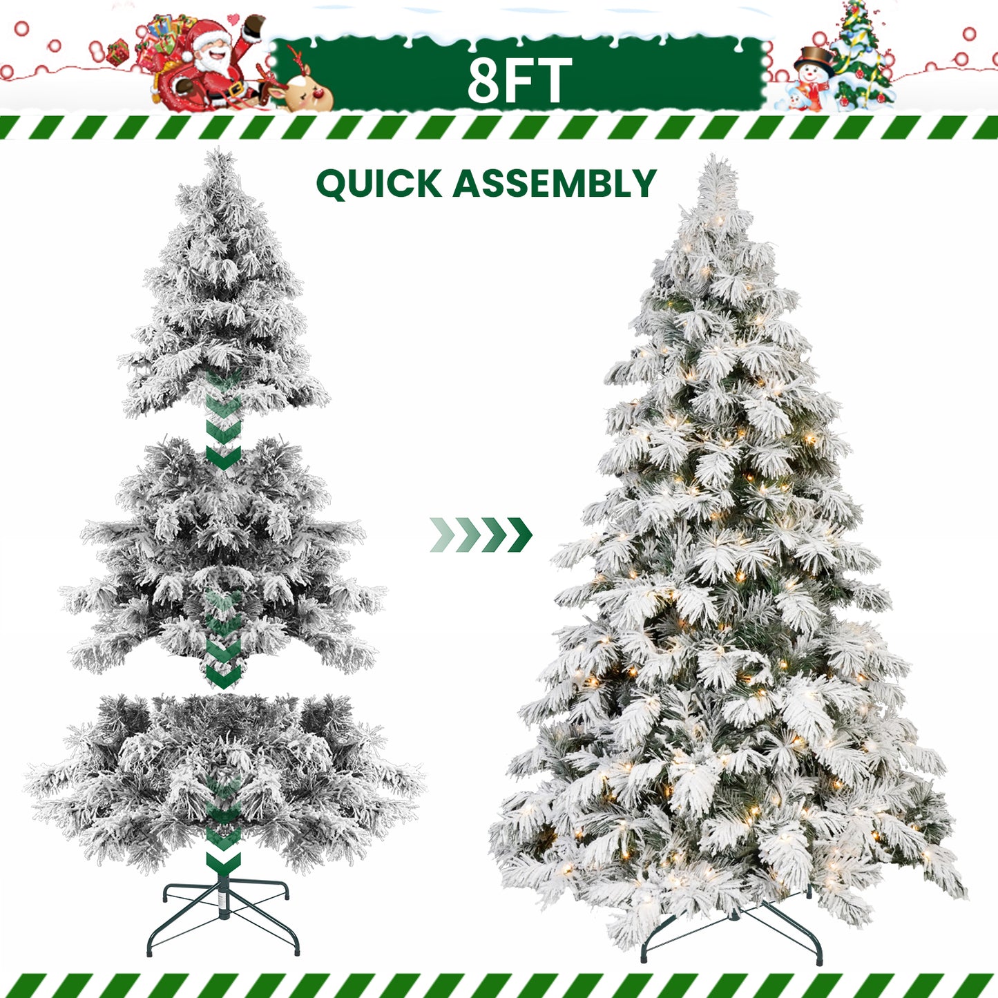5FT 6FT 7FT 8FT Prelit Flocked Christmas Tree With Light, Snowy Pine Design, Warm White LED Lights, Hinged Branches, Metal Stand, Realistic Artificial Xmas Tree For Indoor Holiday Decoration