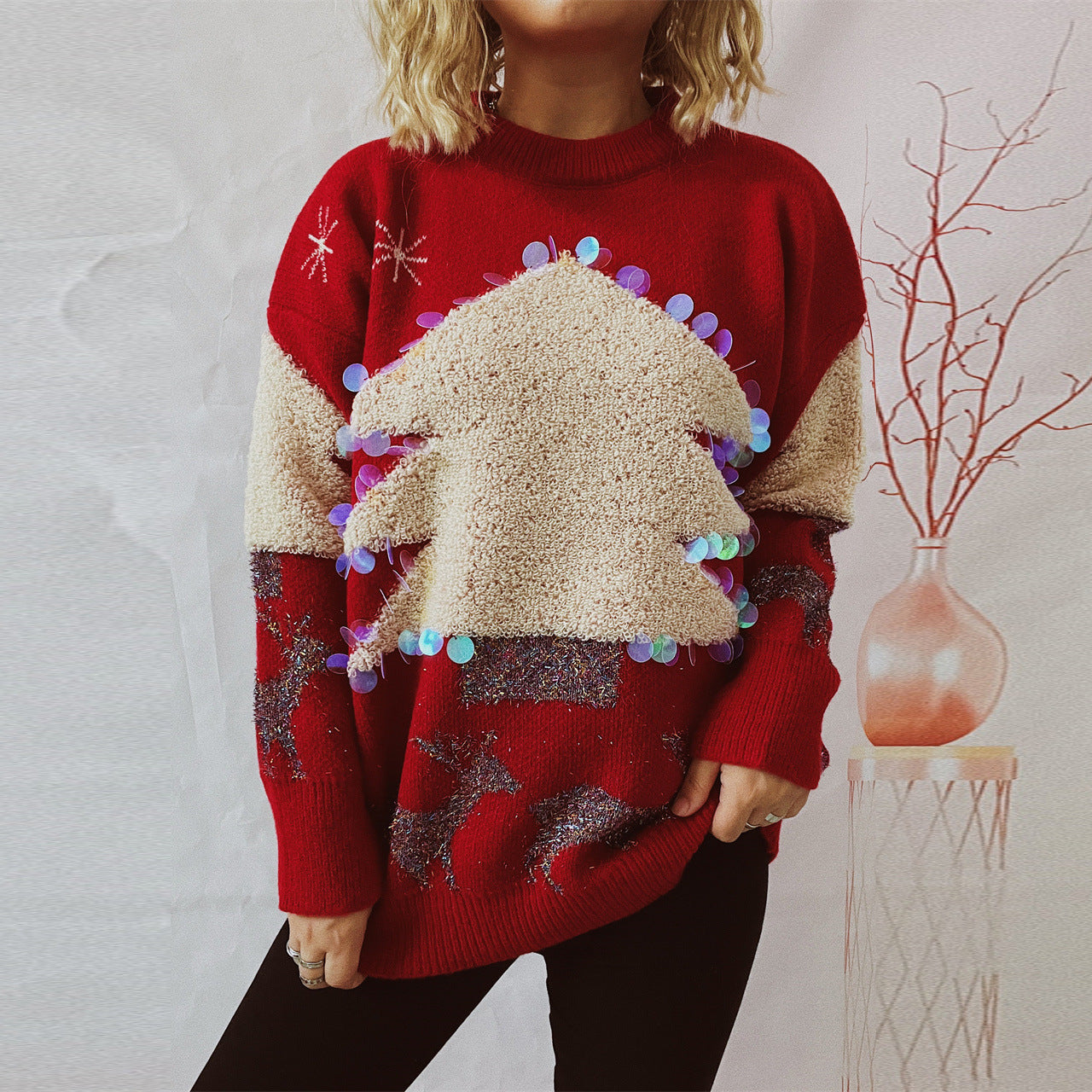 Women's Holiday Sequin Christmas Tree Sweater – Festive Knitted Fashion