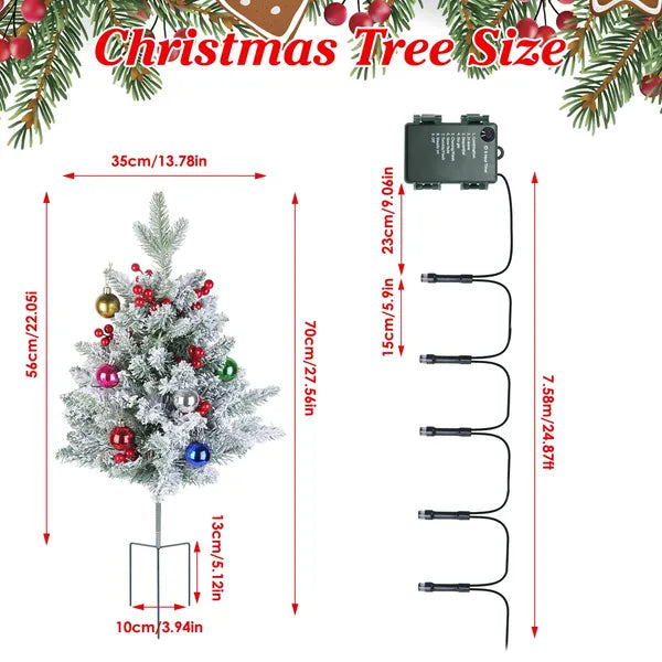 2Pcs Battery Powered Lighted Christmas Tree Urn Filler With Light Artificial Xmas Trees Light With Berries Balls LED Pathway Pine Tree IP44 Waterproof 50 Beads Warm Light