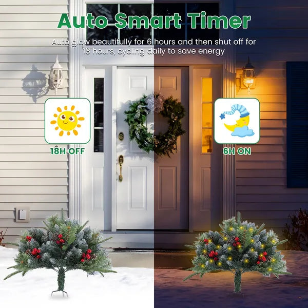 2Pcs Christmas Tree Urn Filler With Light Artificial Lighted Xmas Trees Light With Cones Berries Holiday Planter Filler LED Pathway Pine Tree IP44 Waterproof With Tripod Stake 50 Beads