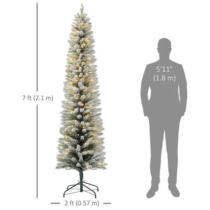 7ft Artificial Prelit Christmas Tree With Warm White LED Light, Snow Flocked Branches, Metal Base, Pencil Xmas Tree