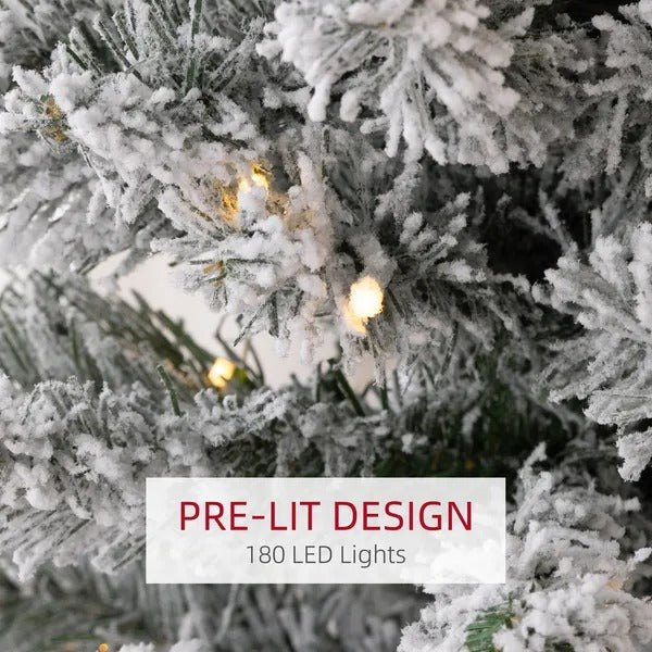 7ft Artificial Prelit Christmas Tree With Warm White LED Light, Snow Flocked Branches, Metal Base, Pencil Xmas Tree