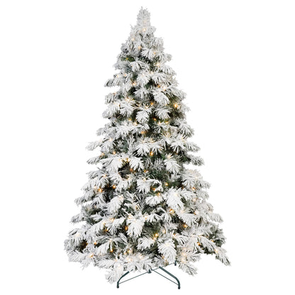 5FT 6FT 7FT 8FT Prelit Flocked Christmas Tree With Light, Snowy Pine Design, Warm White LED Lights, Hinged Branches, Metal Stand, Realistic Artificial Xmas Tree For Indoor Holiday Decoration