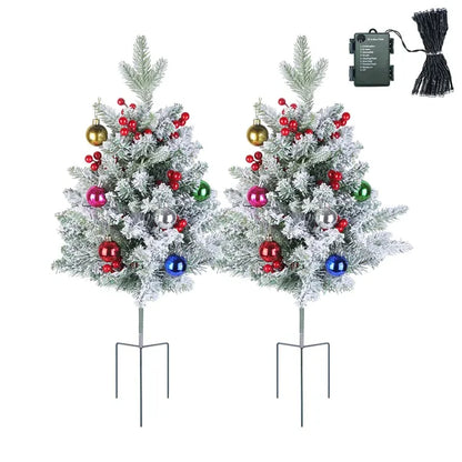 2Pcs Battery Powered Lighted Christmas Tree Urn Filler With Light Artificial Xmas Trees Light With Berries Balls LED Pathway Pine Tree IP44 Waterproof 50 Beads Warm Light