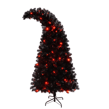 6FT Artificial Christmas Tree With LED Light, Pre-Lit Curved Shape Artificial Whimsical Xmas Tree With 900 Tips, Black Christmas Tree