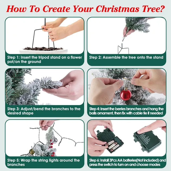 2Pcs Battery Powered Lighted Christmas Tree Urn Filler With Light Artificial Xmas Trees Light With Berries Balls LED Pathway Pine Tree IP44 Waterproof 50 Beads Warm Light