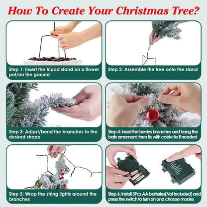 2Pcs Battery Powered Lighted Christmas Tree Urn Filler With Light Artificial Xmas Trees Light With Berries Balls LED Pathway Pine Tree IP44 Waterproof 50 Beads Warm Light