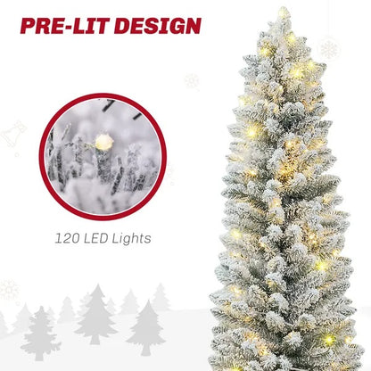 5ft Artificial Prelit Christmas Tree With Warm White LED Light, Snow Flocked Branches, Metal Base, Pencil Xmas Tree