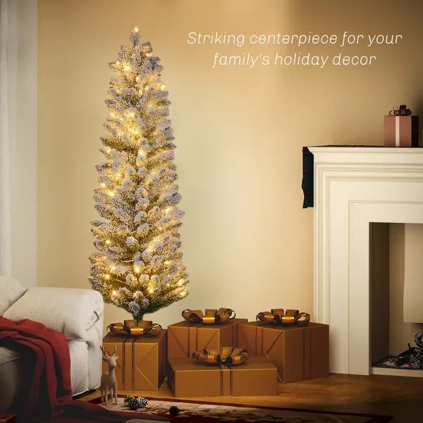 5ft Artificial Prelit Christmas Tree With Warm White LED Light, Snow Flocked Branches, Metal Base, Pencil Xmas Tree