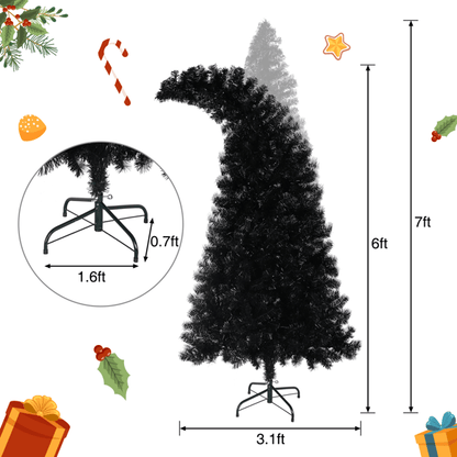 6FT Artificial Christmas Tree With LED Light, Pre-Lit Curved Shape Artificial Whimsical Xmas Tree With 900 Tips, Black Christmas Tree