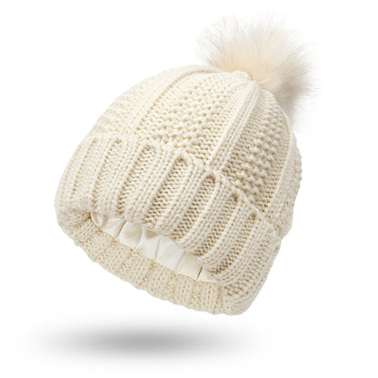 Winter Knit Beanie with Faux Fur Pom Pom – Warm, Stretchy & Stylish Hat for Women