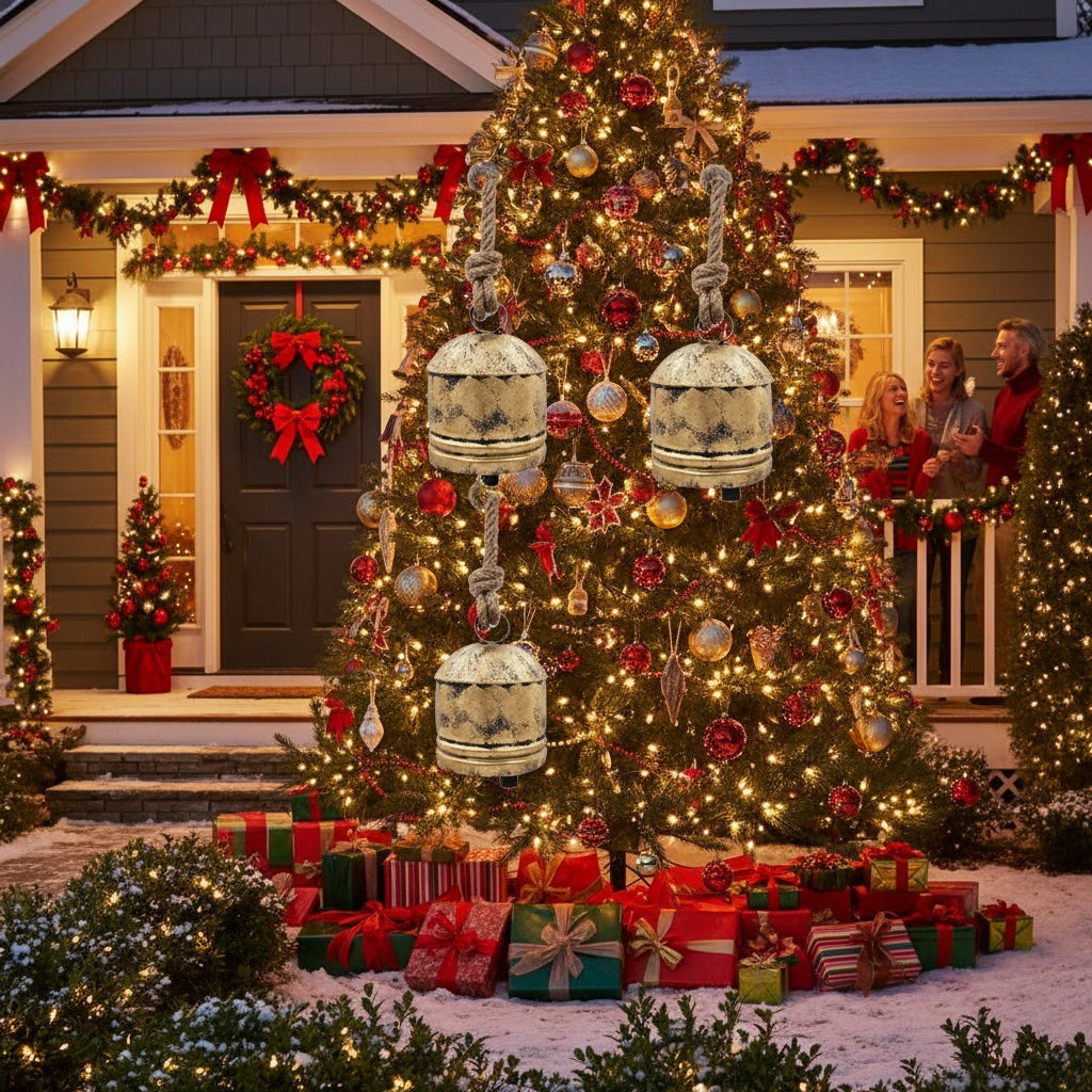 4PCS Christmas Bells Hanging Ornaments – Festive Iron Tree Decorations (5.5x5.5x7.5in)