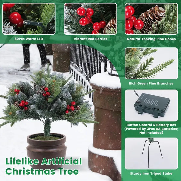 2Pcs Christmas Tree Urn Filler With Light Artificial Lighted Xmas Trees Light With Cones Berries Holiday Planter Filler LED Pathway Pine Tree IP44 Waterproof With Tripod Stake 50 Beads