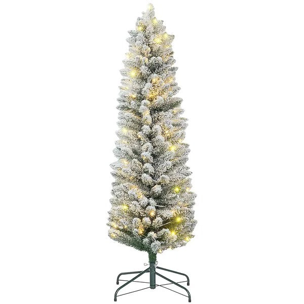 5ft Artificial Prelit Christmas Tree With Warm White LED Light, Snow Flocked Branches, Metal Base, Pencil Xmas Tree