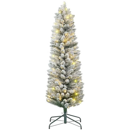 5ft Artificial Prelit Christmas Tree With Warm White LED Light, Snow Flocked Branches, Metal Base, Pencil Xmas Tree