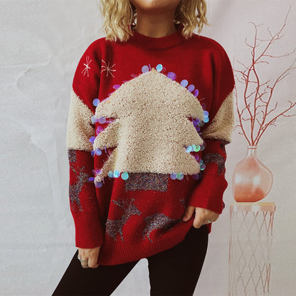 Women's Holiday Sequin Christmas Tree Sweater – Festive Knitted Fashion