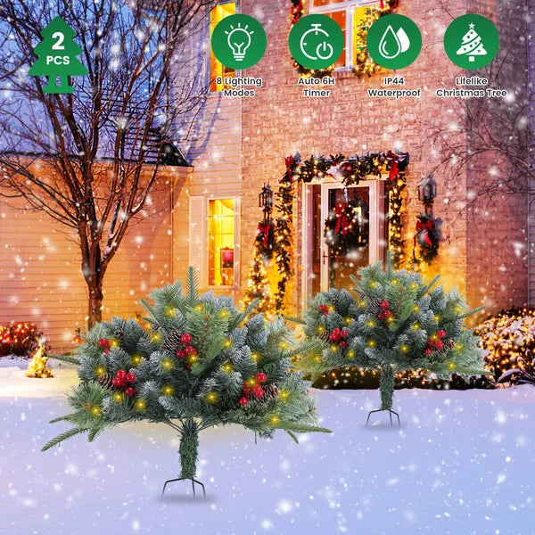 2Pcs Christmas Tree Urn Filler With Light Artificial Lighted Xmas Trees Light With Cones Berries Holiday Planter Filler LED Pathway Pine Tree IP44 Waterproof With Tripod Stake 50 Beads