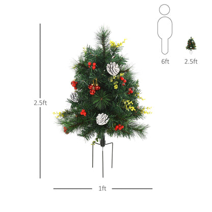 2.5ft 2 Pieces Prelit Artificial Christmas Tree With LED Light Mini Xmas Tree With Small Berry Pine Needles Pinecones Decorations For Garden
