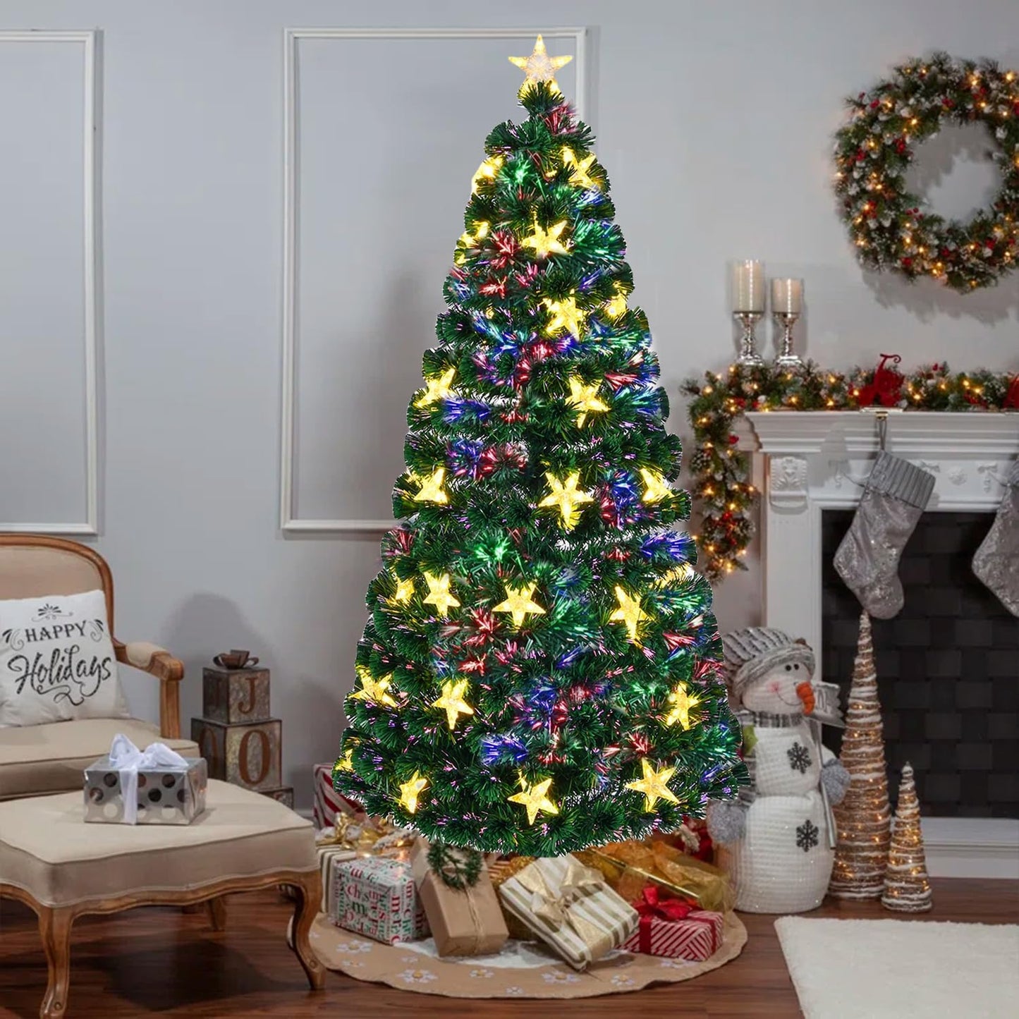 7FT Pre-lit Fiber Optic Christmas Tree with Large Stars – Full Spruce Artificial Tree with Metal Stand