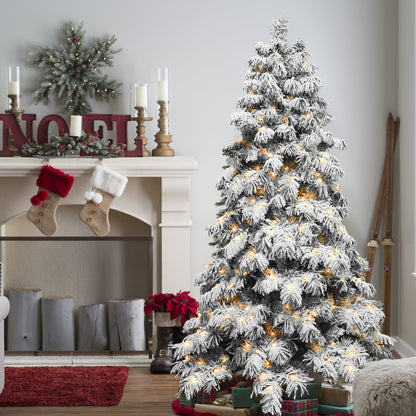 5FT 6FT 7FT 8FT Prelit Flocked Christmas Tree With Light, Snowy Pine Design, Warm White LED Lights, Hinged Branches, Metal Stand, Realistic Artificial Xmas Tree For Indoor Holiday Decoration