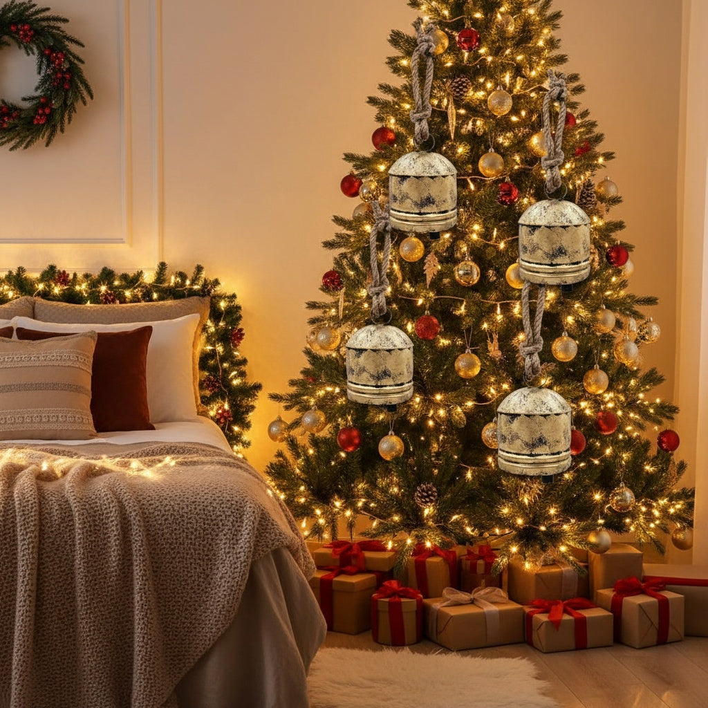 4PCS Christmas Bells Hanging Ornaments – Festive Iron Tree Decorations (5.5x5.5x7.5in)