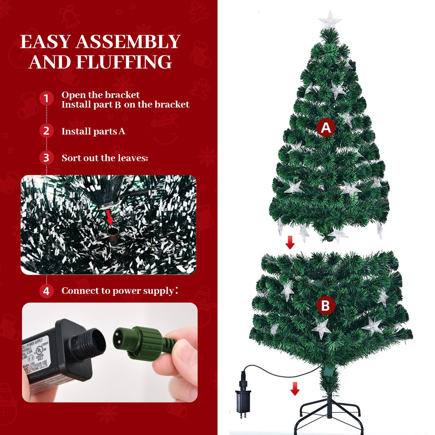 7FT Pre-lit Fiber Optic Christmas Tree with Large Stars – Full Spruce Artificial Tree with Metal Stand