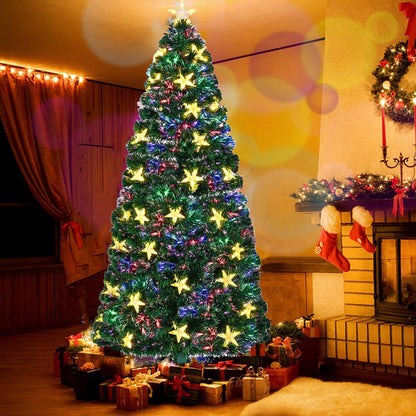 7FT Pre-lit Fiber Optic Christmas Tree with Large Stars – Full Spruce Artificial Tree with Metal Stand
