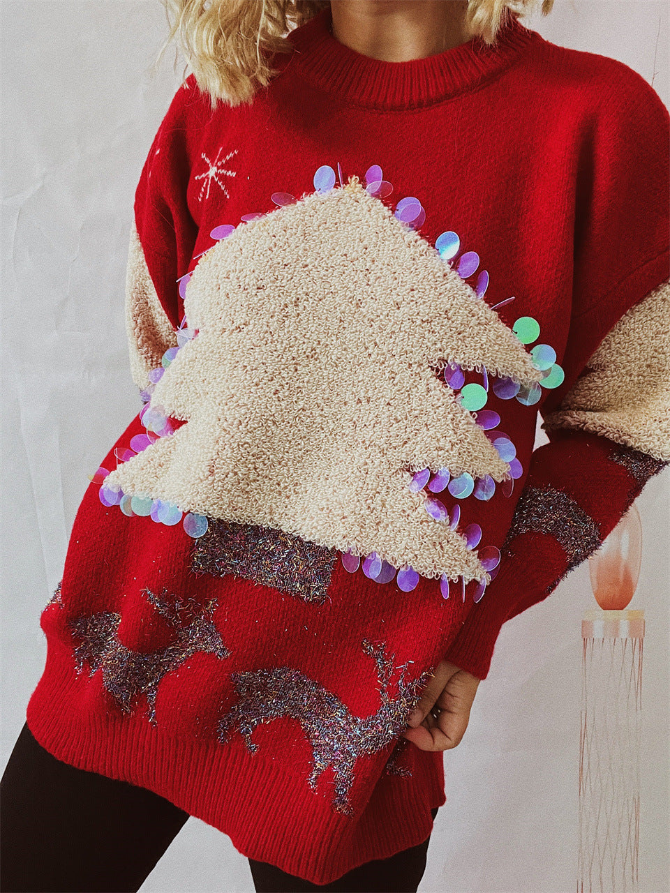Women's Holiday Sequin Christmas Tree Sweater – Festive Knitted Fashion