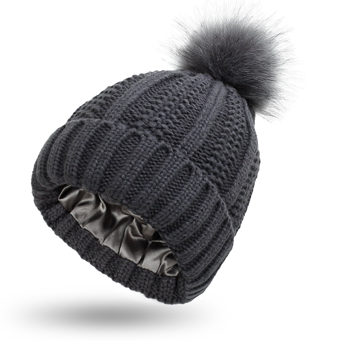 Winter Knit Beanie with Faux Fur Pom Pom – Warm, Stretchy & Stylish Hat for Women