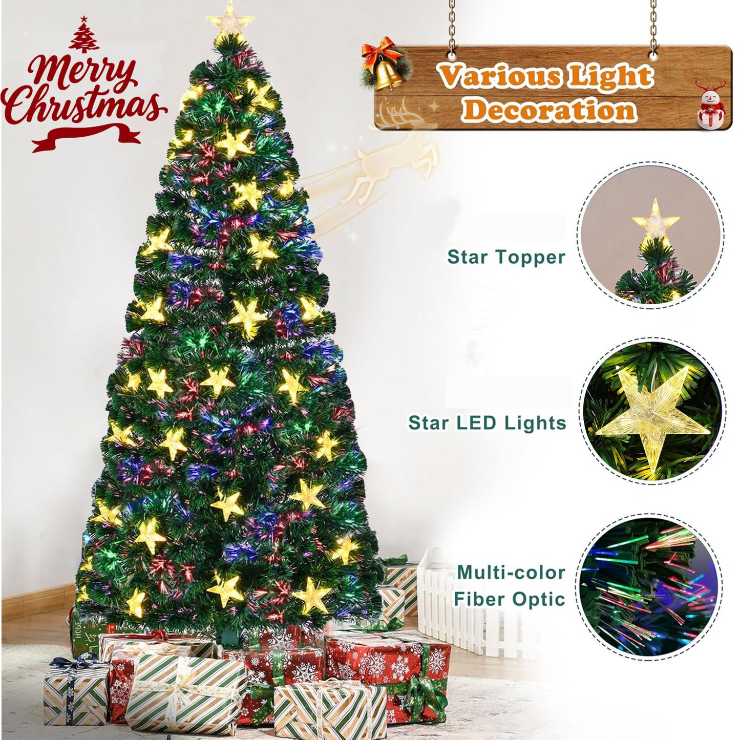 7FT Pre-lit Fiber Optic Christmas Tree with Large Stars – Full Spruce Artificial Tree with Metal Stand