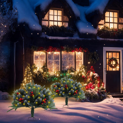 2Pcs Christmas Tree Urn Filler With Light Artificial Lighted Xmas Trees Light With Cones Berries Holiday Planter Filler LED Pathway Pine Tree IP44 Waterproof With Tripod Stake 50 Beads