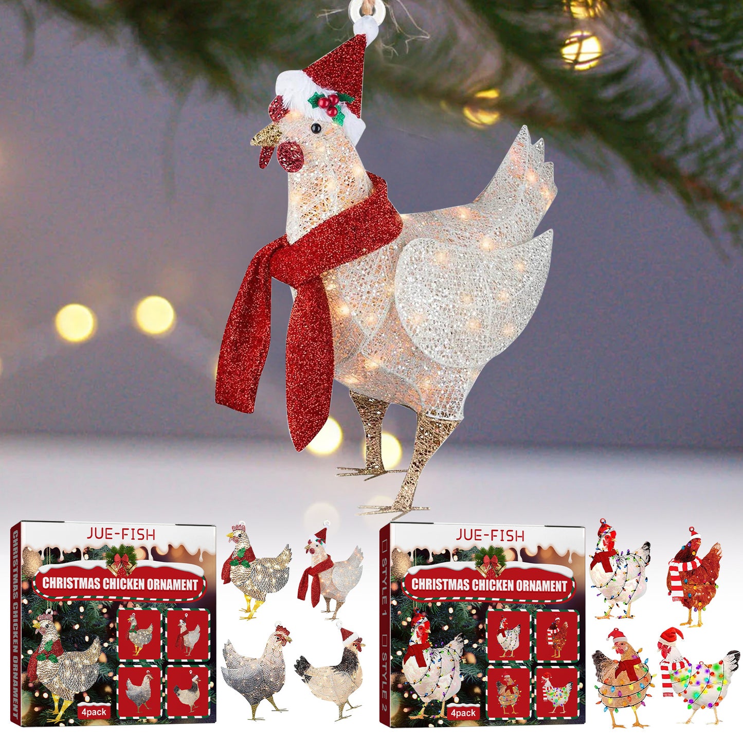 Festive Wooden Chicken Ornaments – Holiday Tree Décor Set (4 Pack)