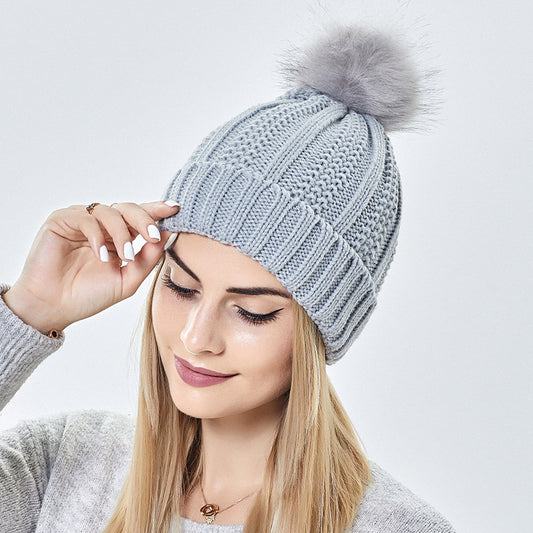 Winter Knit Beanie with Faux Fur Pom Pom – Warm, Stretchy & Stylish Hat for Women