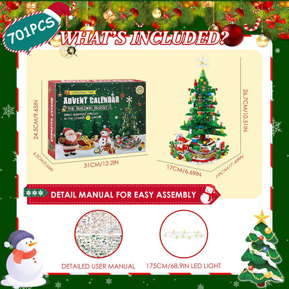 2025 Year Christmas Tree Building Set With LED Light Tabletop Christmas Building Block 24 Days Christmas Countdown Calendar For Boys Girls 3-6