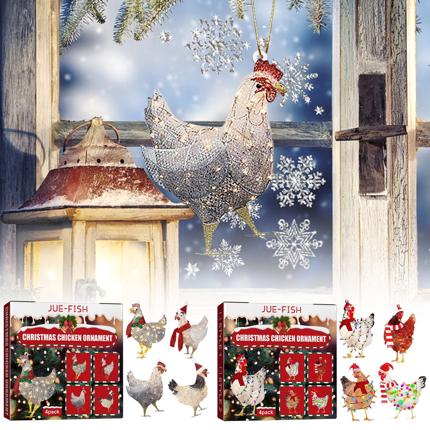 Festive Wooden Chicken Ornaments – Holiday Tree Décor Set (4 Pack)