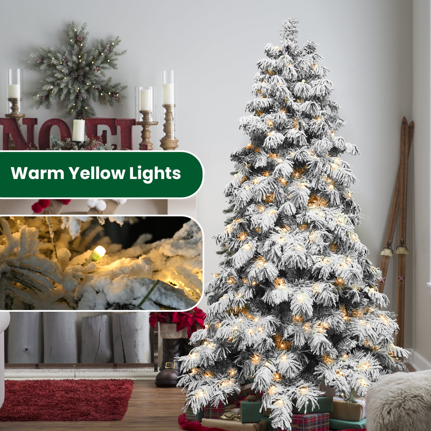 5FT 6FT 7FT 8FT Prelit Flocked Christmas Tree With Light, Snowy Pine Design, Warm White LED Lights, Hinged Branches, Metal Stand, Realistic Artificial Xmas Tree For Indoor Holiday Decoration