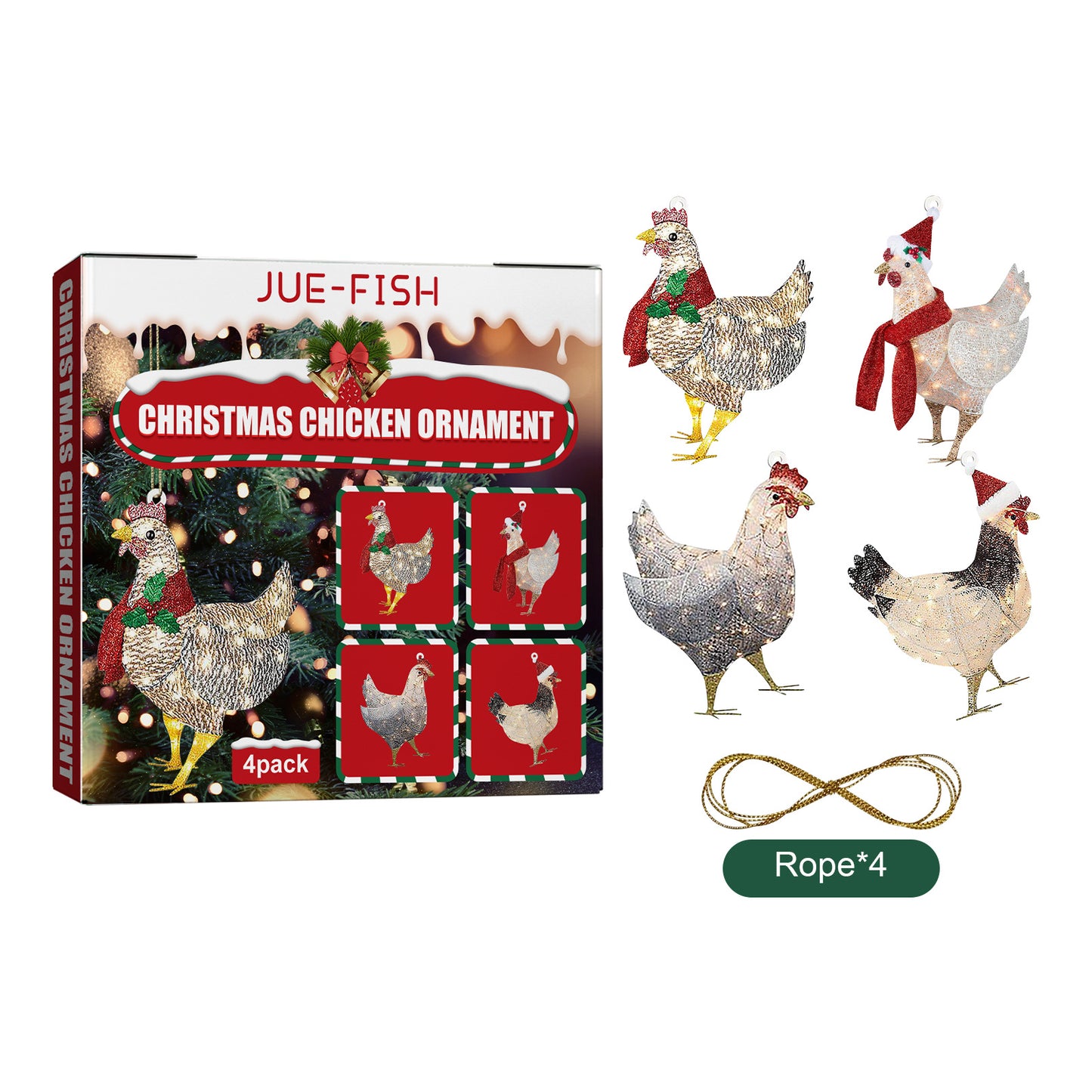 Festive Wooden Chicken Ornaments – Holiday Tree Décor Set (4 Pack)