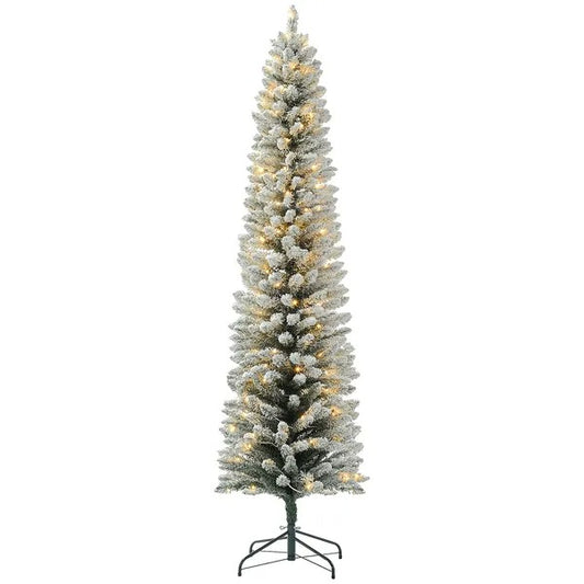 7ft Artificial Prelit Christmas Tree With Warm White LED Light, Snow Flocked Branches, Metal Base, Pencil Xmas Tree