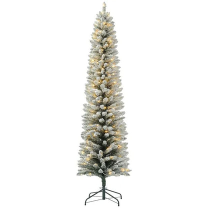 7ft Artificial Prelit Christmas Tree With Warm White LED Light, Snow Flocked Branches, Metal Base, Pencil Xmas Tree