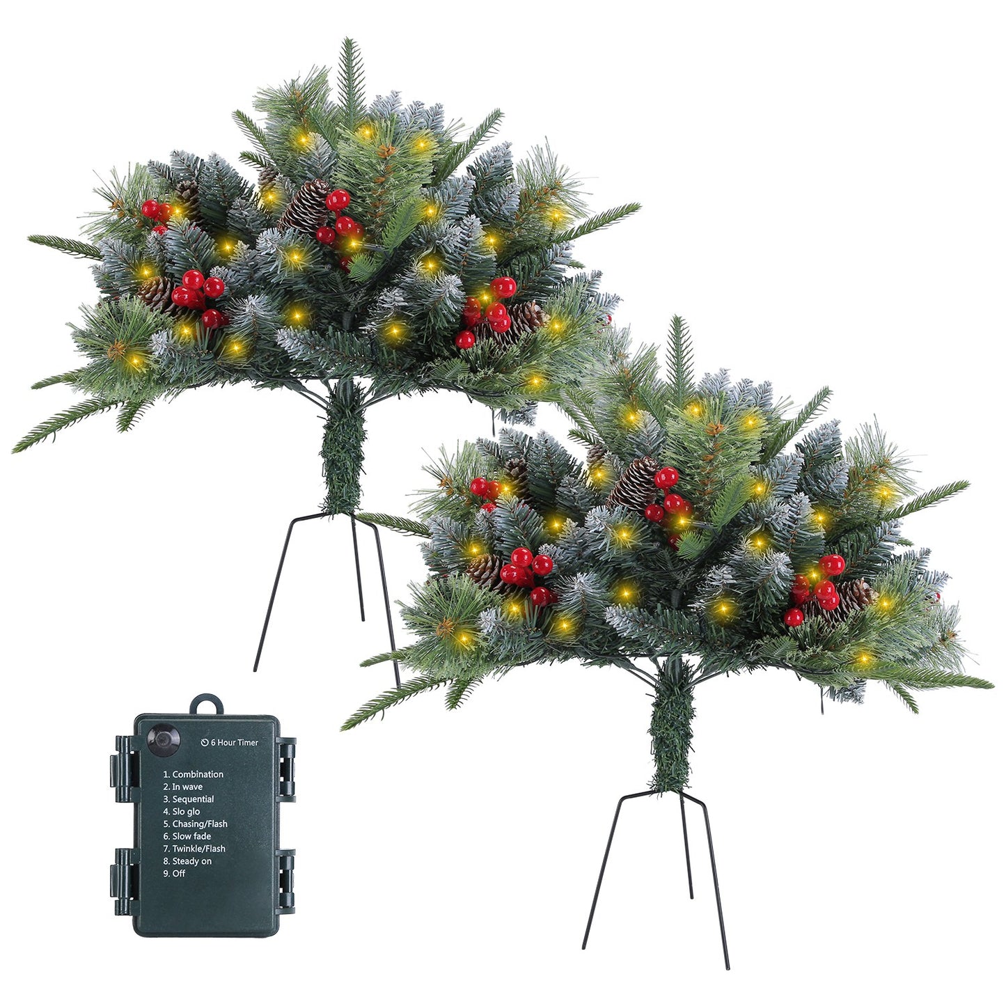 2Pcs Christmas Tree Urn Filler With Light Artificial Lighted Xmas Trees Light With Cones Berries Holiday Planter Filler LED Pathway Pine Tree IP44 Waterproof With Tripod Stake 50 Beads