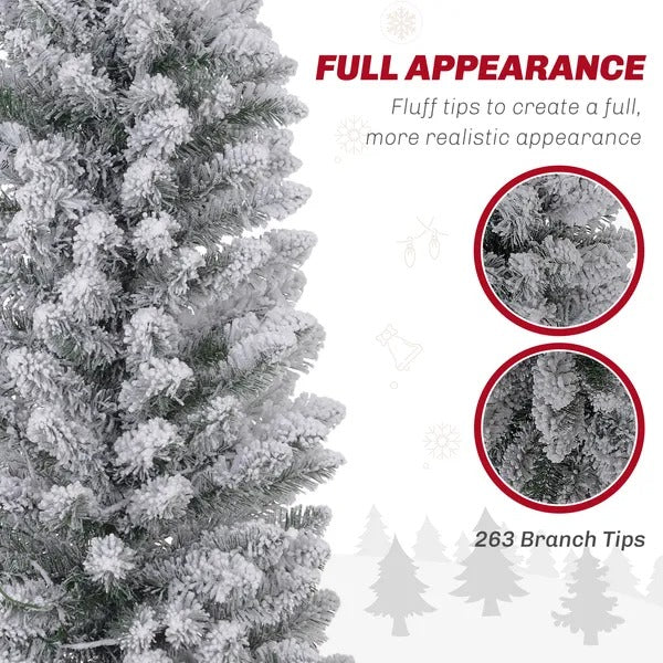 5ft Artificial Prelit Christmas Tree With Warm White LED Light, Snow Flocked Branches, Metal Base, Pencil Xmas Tree