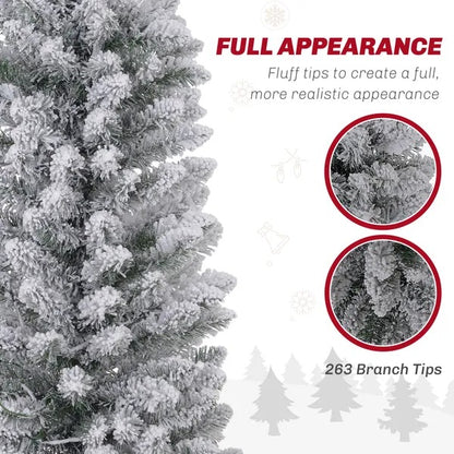 5ft Artificial Prelit Christmas Tree With Warm White LED Light, Snow Flocked Branches, Metal Base, Pencil Xmas Tree