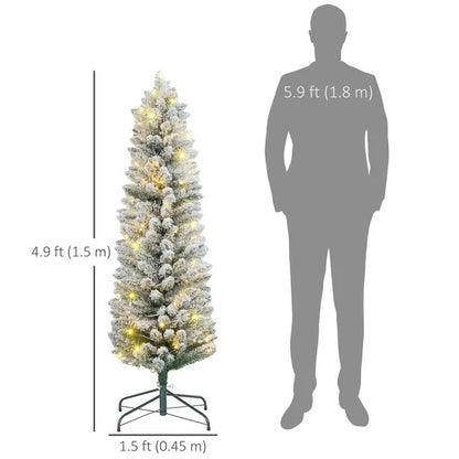 5ft Artificial Prelit Christmas Tree With Warm White LED Light, Snow Flocked Branches, Metal Base, Pencil Xmas Tree