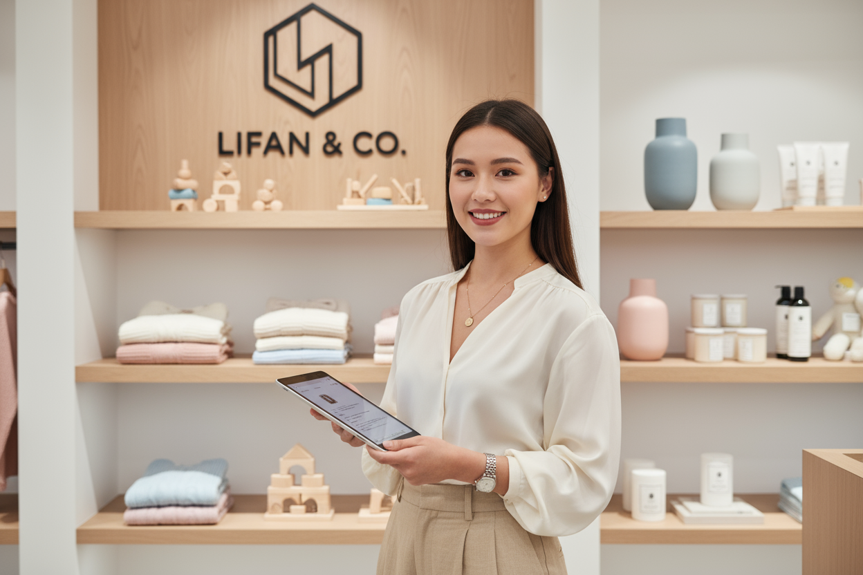 A confident and friendly young woman named "Lifan" standing in a modern, cozy boutique environment. She has a warm smile, natural makeup, and wears a stylish outfit that blends elegance and comfort (soft beige blouse, tailored pants, subtle accessories). She holds a tablet or notebook, symbolizing professionalism and customer care. The background subtly includes fashion, children’s toys, home decor, and beauty products displayed neatly. Soft lighting, pastel tones, modern branding elements, ultra-realistic,