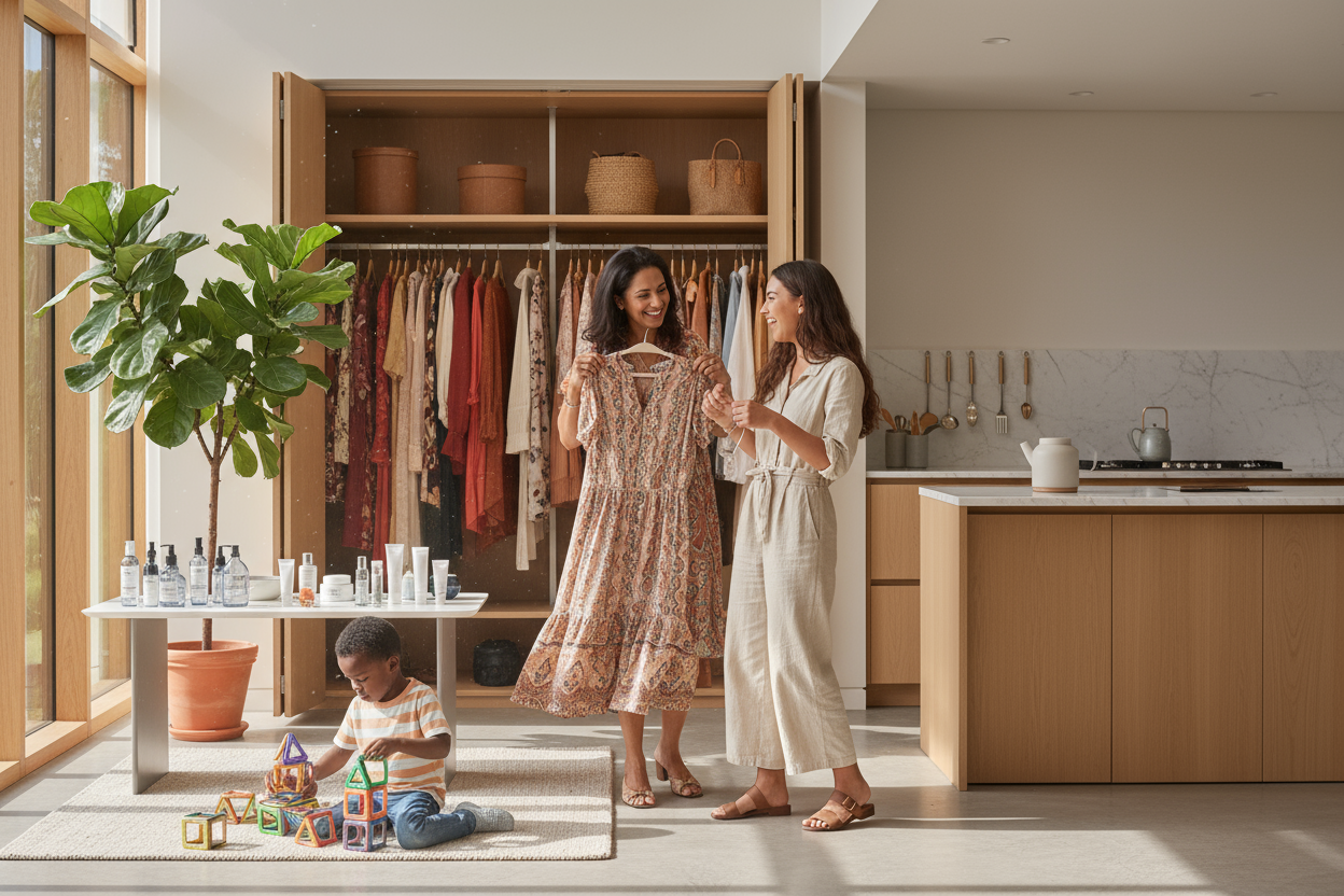 A happy diverse family scene in a modern home environment. A mother and daughter trying on stylish clothes, a child playing with a toy near a decorative plant, and beauty products placed on a nearby table. The kitchen in the background shows minimal, elegant utensils. Bright lighting, cozy and lively atmosphere, clean and modern interior, ultra-realistic, lifestyle editorial style, 8K resolution.
