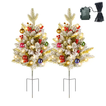 2Pcs Battery Powered Lighted Christmas Tree Urn Filler With Light Artificial Xmas Trees Light With Berries Balls LED Pathway Pine Tree IP44 Waterproof 50 Beads Warm Light