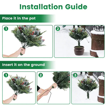 2Pcs Christmas Tree Urn Filler With Light Artificial Lighted Xmas Trees Light With Cones Berries Holiday Planter Filler LED Pathway Pine Tree IP44 Waterproof With Tripod Stake 50 Beads