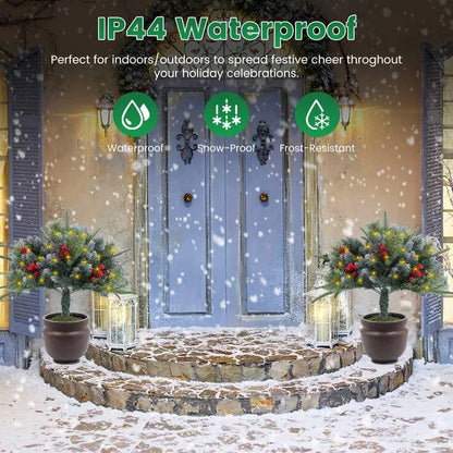 2Pcs Christmas Tree Urn Filler With Light Artificial Lighted Xmas Trees Light With Cones Berries Holiday Planter Filler LED Pathway Pine Tree IP44 Waterproof With Tripod Stake 50 Beads